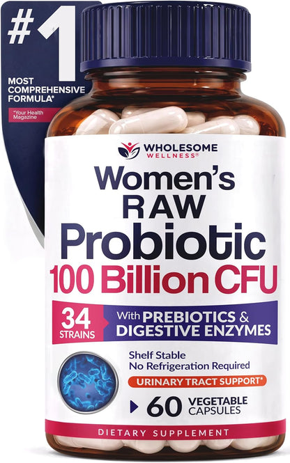 Wholesome Wellness Dr. Formulated Raw Probiotics for Women 100 Billion CFUs Capsules with Prebiotics, Digestive Enzymes, Approved for Adults, Shelf Stable Supplement