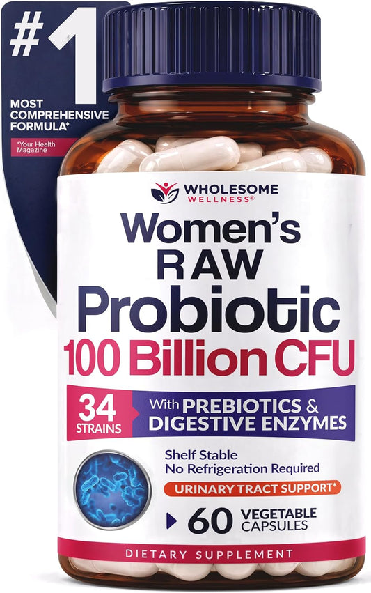 Wholesome Wellness Dr. Formulated Raw Probiotics for Women 100 Billion CFUs Capsules with Prebiotics, Digestive Enzymes, Approved for Adults, Shelf Stable Supplement