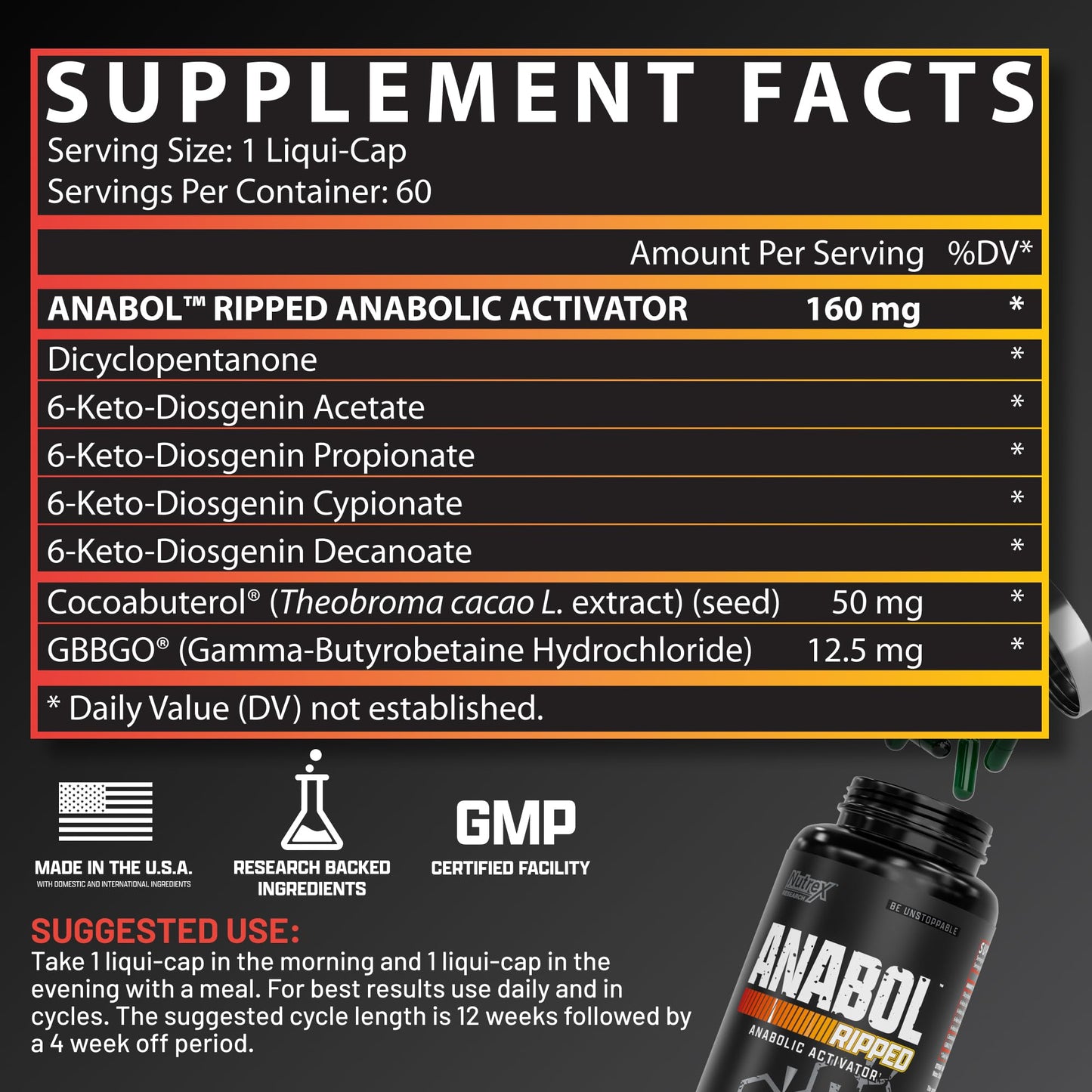 Nutrex Research Anabol Ripped Anabolic 2 in 1 Muscle Builder for Men Muscle Growth Supplements Shredding Formula Recovery Thermogenic Support Lean Physique 60 Count