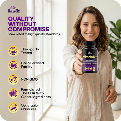 HerbaMe NAD+ Support Supplement - Multi-Pathway Cellular Energy Formula with Nicotinamide, CoQ10, PQQ, Resveratrol & Apigenin - Mitochondrial Support & Healthy Aging - 60 Capsules