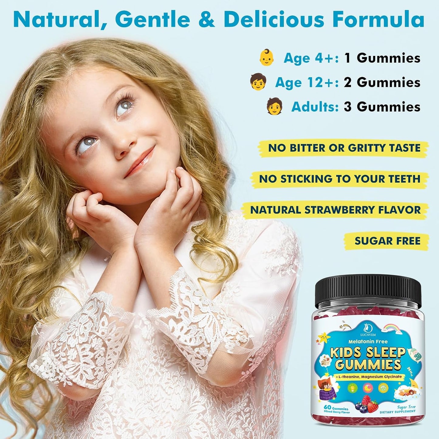 Kids Sleep Gummies with Magnesium Glycinate – Melatonin Free Bedtime Support for Kids – Calm & Relaxation with L-Theanine, GABA, Chamomile & Lemon Balm – Sugar Free Mixed Berry Flavor, 60 Gummies