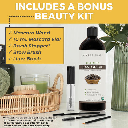 Viva Naturals Organic Castor Oil, Cold-Pressed, 16 fl oz – For Face, Hair, Eyelashes, USDA Organic, Non-GMO - With Beauty Kit