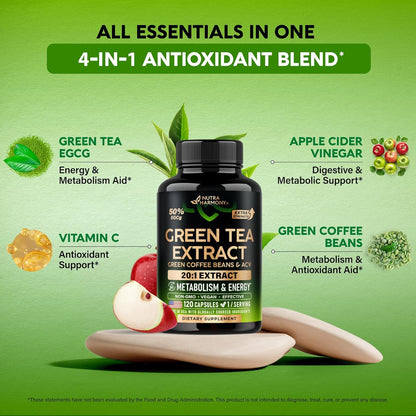 Green Tea Extract - 50% EGCG, Extra Strength 20:1 Extract - Natural Green Tea Supplement + Green Coffee Beans & Apple Cider Vinegar - Energy & Metabolism Support - for Men & Women - Vegan 120 Capsules