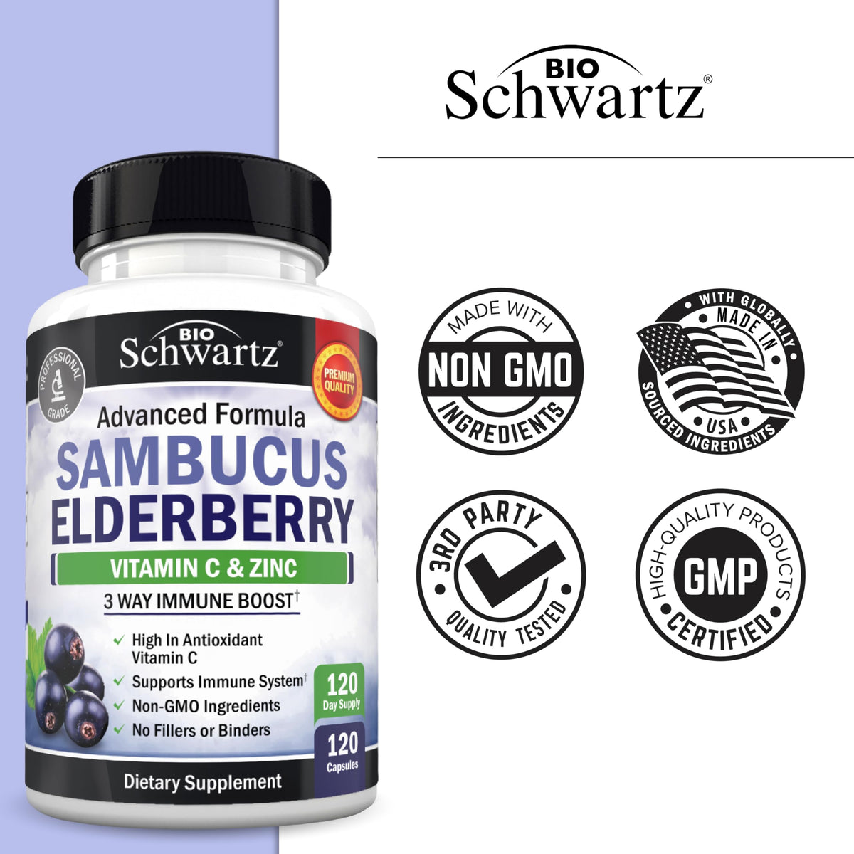 Elderberry Capsules with Zinc and Vitamin C for Adults, 60 Count