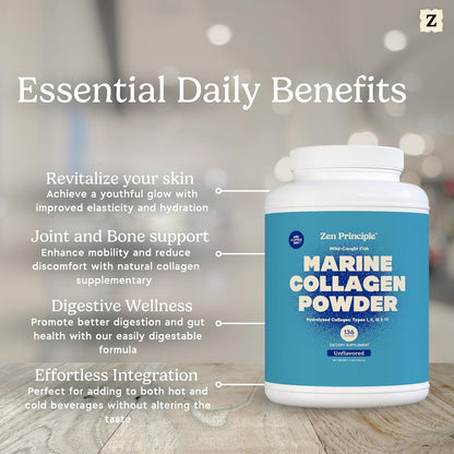 Zen Principle Marine Collagen Peptides Powder 3 lb. Wild-Caught Fish, Non-GMO. Supports Healthy Skin, Hair, Joints and Bones. Hydrolyzed Types I, II, III & IV Protein. Amino Acids. Easy to Mix.
