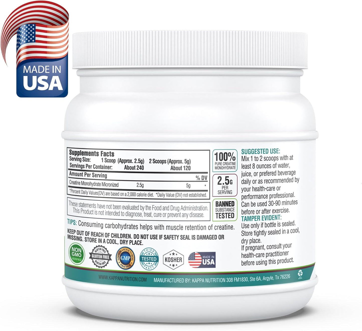 Kappa Nutrition Creatine Monohydrate Powder, Pure Amino Acid Formula, Supports Muscle Strength, Cellular Energy & Mental Focus* Gluten-Free, Keto, 2.25g per Scoop, 240 Servings, Net Wt. 1.32 LB (600g)