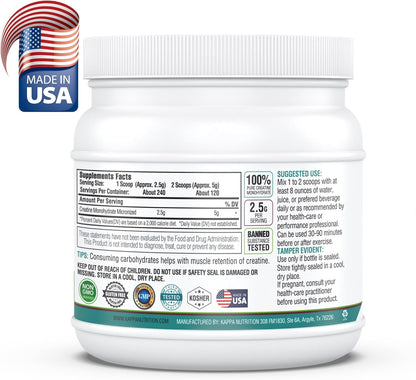 Kappa Nutrition Creatine Monohydrate Powder, Pure Amino Acid Formula, Supports Muscle Strength, Cellular Energy & Mental Focus* Gluten-Free, Keto, 2.25g per Scoop, 240 Servings, Net Wt. 1.32 LB (600g)