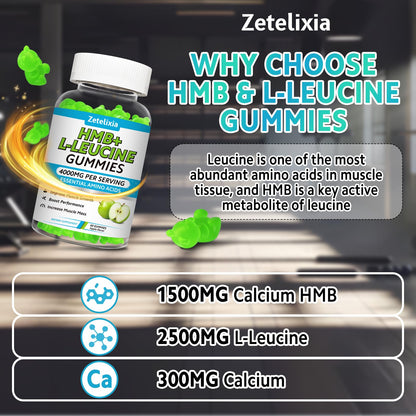 HMB and L-Leucine Gummies, 4000mg HMB and Leucine Supplements Amino Acid Gummies for Men & Women, Support Muscle Growth, Muscle Relief and Workout Recovery, Sugar-Free, Vegan, Apple Flavor, 120 Count