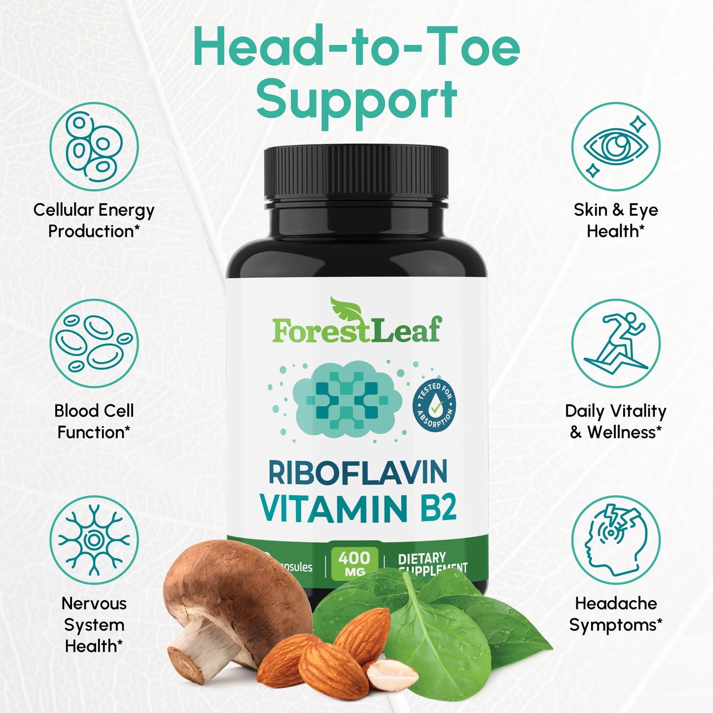 ForestLeaf Vitamin B2 Riboflavin 400mg - Energy, Skin & Cellular Health Supplement - Nervous System Support - Vitamin B 2 VIT B - Non-GMO & Gluten Free - B2 Vitamin 400mg Vegetable Capsules, 90 Count