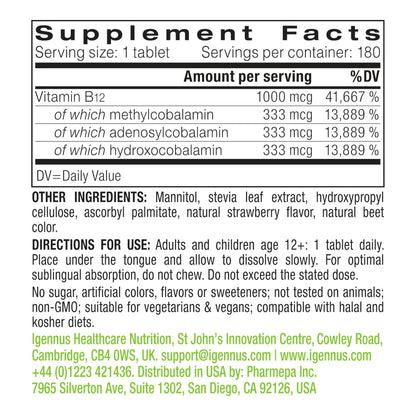 Igennus Sublingual Vitamin B12 Complex 1000mcg, Methylated Methylcobalamin, Adenosylcobalamin & Hydroxocobalamin, High Absorption & Clean, 180 Servings, Sugar-Free & Vegan