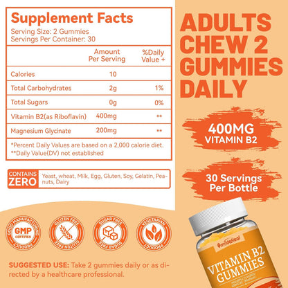 Vitamin B2 Gummies,Riboflavin 400mg Supplement with Magnesium for Adults | B2 Gummies for Migraine Relief* & Nervous System Support*,Vegan - 60 Counts