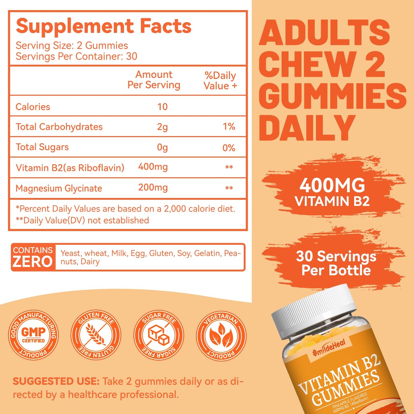 Vitamin B2 Gummies,Riboflavin 400mg Supplement with Magnesium for Adults | B2 Gummies for Migraine Relief* & Nervous System Support*,Vegan - 60 Counts