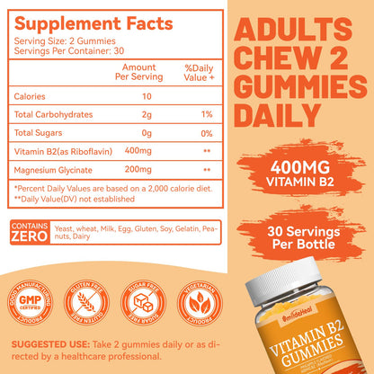 Vitamin B2 Gummies,Riboflavin 400mg Supplement with Magnesium for Adults | B2 Gummies for Migraine Relief* & Nervous System Support*,Vegan - 60 Counts