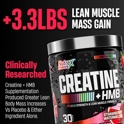 Nutrex Research Creatine HMB Powder - Creatine Monohydrate Powder with HMB for Muscle Growth, Strength, Energy and Performance - Transparent Formula - Strawberry Watermelon Flavor - 30 Servings