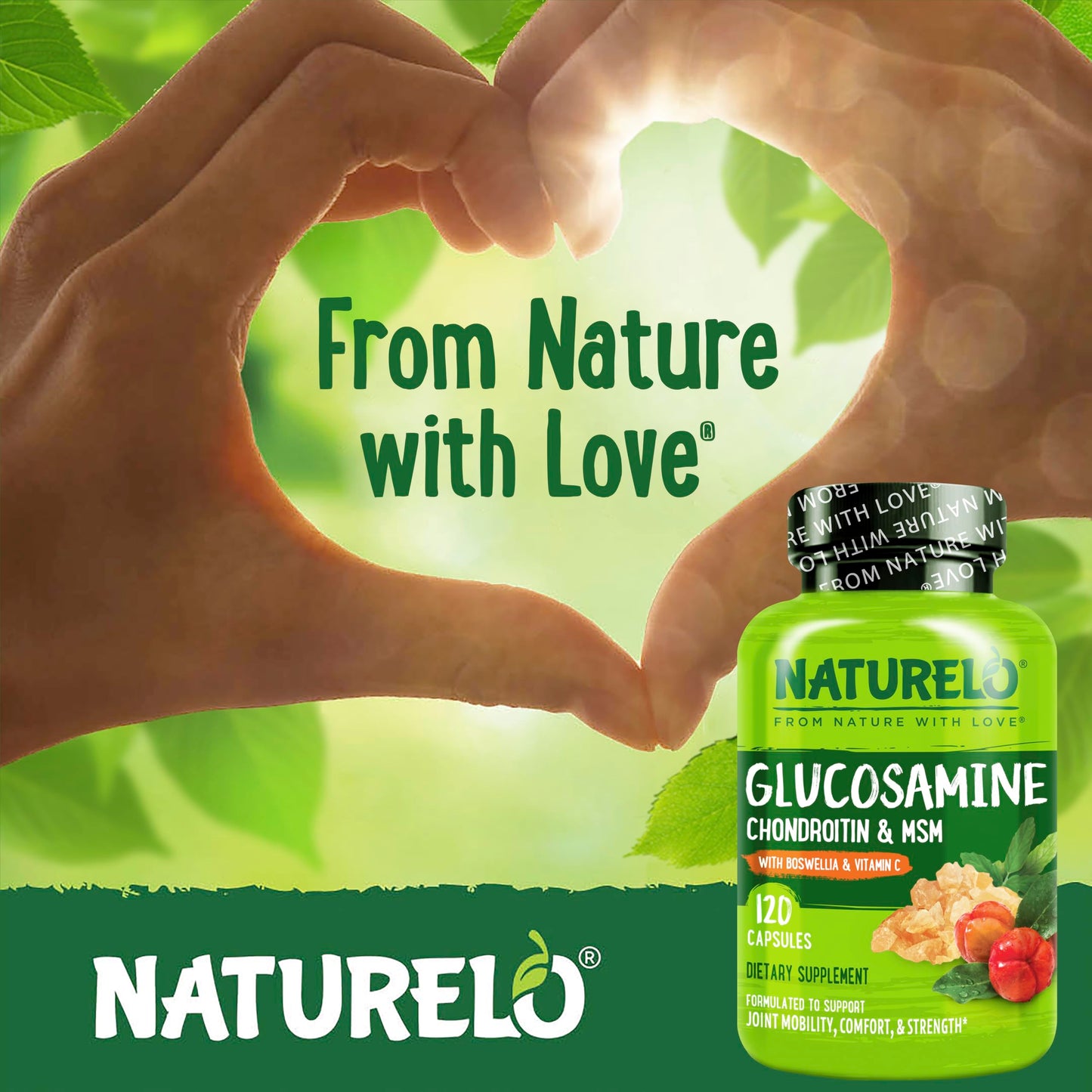 NATURELO Glucosamine Chondroitin MSM with Boswellia and Vitamin C - Supplement for Joint Comfort, Mobility, and Strength - 120 Capsules
