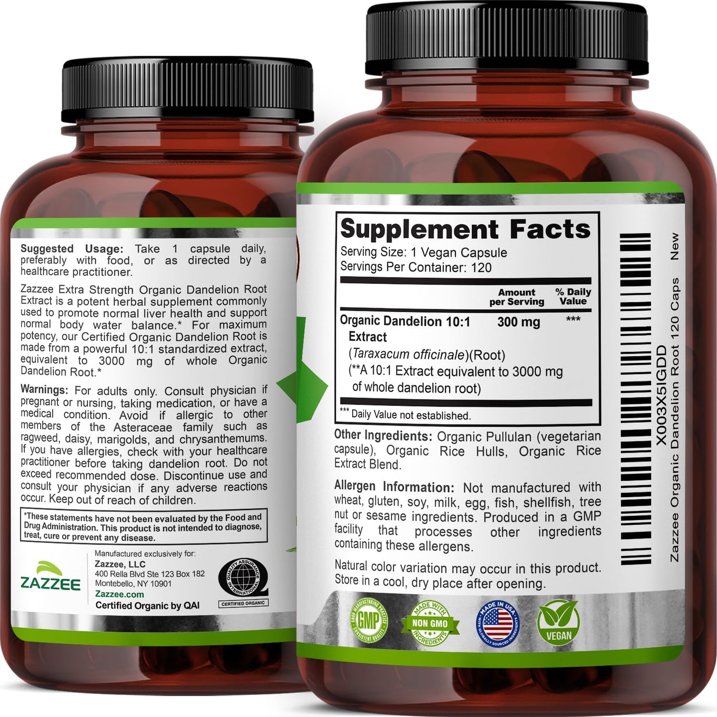 Zazzee USDA Organic Dandelion Root 10:1 Extract, 120 Capsules, 4 Month Supply, Liver & Detox Support, Taraxacum Officinale, Organic Herbal Supplement, All-Natural, Non-GMO, Made in the USA