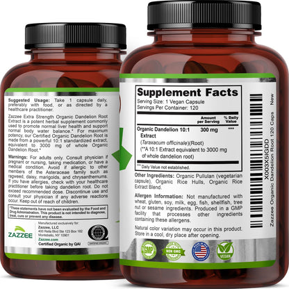 Zazzee USDA Organic Dandelion Root 10:1 Extract, 120 Capsules, 4 Month Supply, Liver & Detox Support, Taraxacum Officinale, Organic Herbal Supplement, All-Natural, Non-GMO, Made in the USA