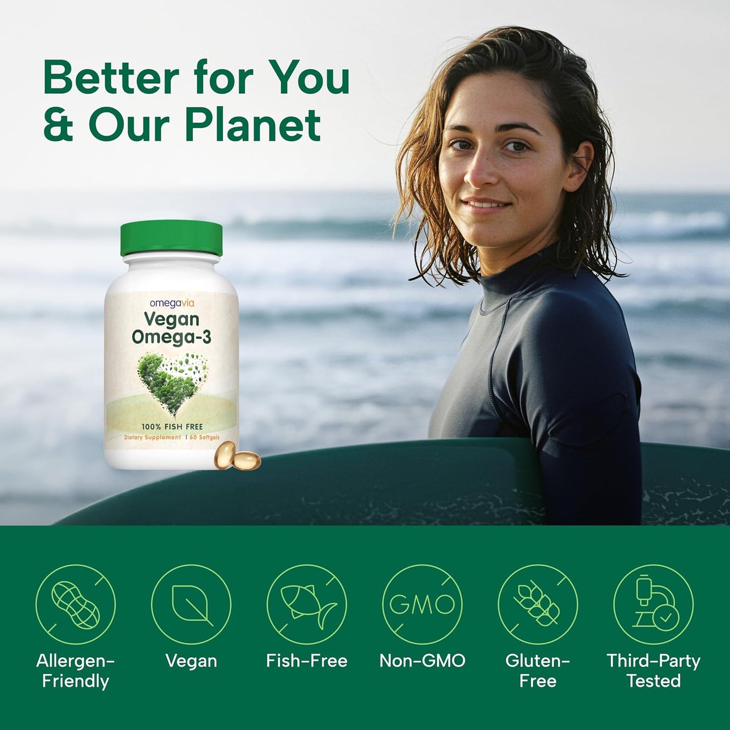 OmegaVia Vegan Omega 3 Supplement, Algae Omega 3 Fish Oil Alternative, 300mg Vegan DHA Fatty Acids, Plant Based, Planet and Ocean Friendly, IAOS 5 Star Tested, 60 Softgels