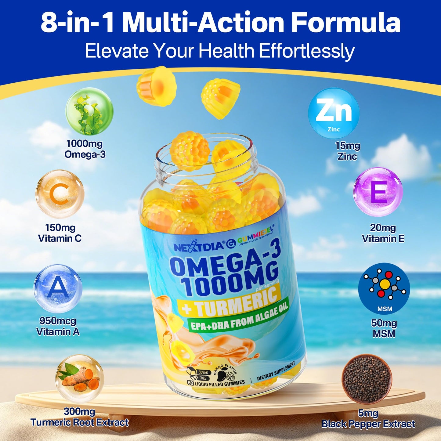Omega-3 Gummies + Turmeric - Omega 3 Fish Oil Alternative for Adults - Algae DHA 600mg & EPA 300mg, Vitamins A, C, E, Zinc & MSM, Sugar Free, 60 Cts