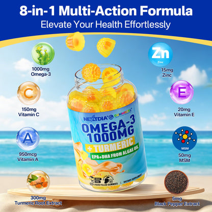 Omega-3 Gummies + Turmeric - Omega 3 Fish Oil Alternative for Adults - Algae DHA 600mg & EPA 300mg, Vitamins A, C, E, Zinc & MSM, Sugar Free, 60 Cts