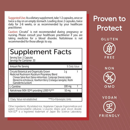 EcoNugenics Circutol: Heart & Blood Pressure Supplement with Nattokinase, L-Carnitine, Hawthorn Berry Extract, Cordyceps & Reishi Mushrooms – Healthy Blood Flow & Nitric Oxide Support – 60 Capsules