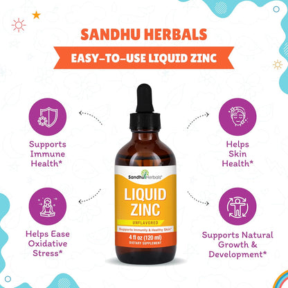 Liquid Zinc Drops for Kids, Toddlers, Babies & Adults | Unflavored 4 Fl Oz Large Pack | Ionic Zink Sulphate Supplements | for Immune Support & Skin Care | Easy to Take, Water Soluble