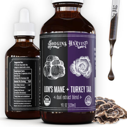Hodgins Harvest Organic Lion's Mane Fruiting Body Extract Tincture - Mushroom Supplement for Brain Health and Mental Focus - Dual Extract Formula - Extra Concentrated - 4 fl oz Bottle