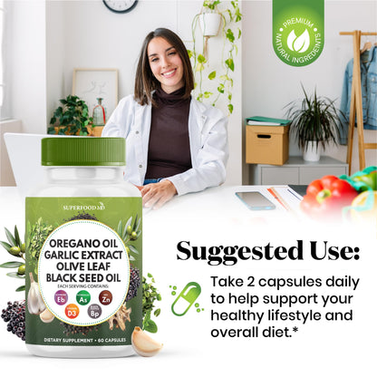 Superfood MD Oregano Oil Garlic Extract Olive Leaf Black Seed Oil Astragalus- for Women and Men- 60 Count