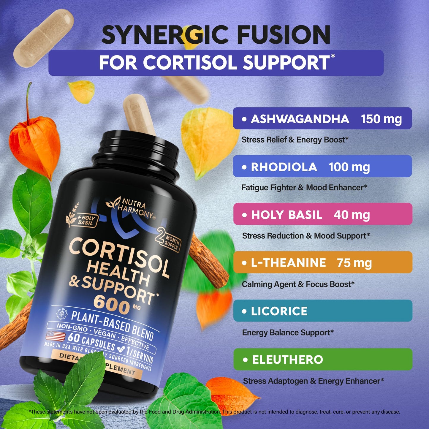 Cortisol Supplement for Women - Holy Basil | Ashwagandha | Rhodiola | L-Theanine - Plant-Based Hormone Balance - Mood, Focus & Sleep Support - Lab Tested - Vegan, Non-GMO - 60 Capsules for 2 Months