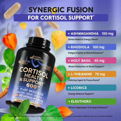 Cortisol Supplement for Women - Holy Basil | Ashwagandha | Rhodiola | L-Theanine - Plant-Based Hormone Balance - Mood, Focus & Sleep Support - Lab Tested - Vegan, Non-GMO - 60 Capsules for 2 Months