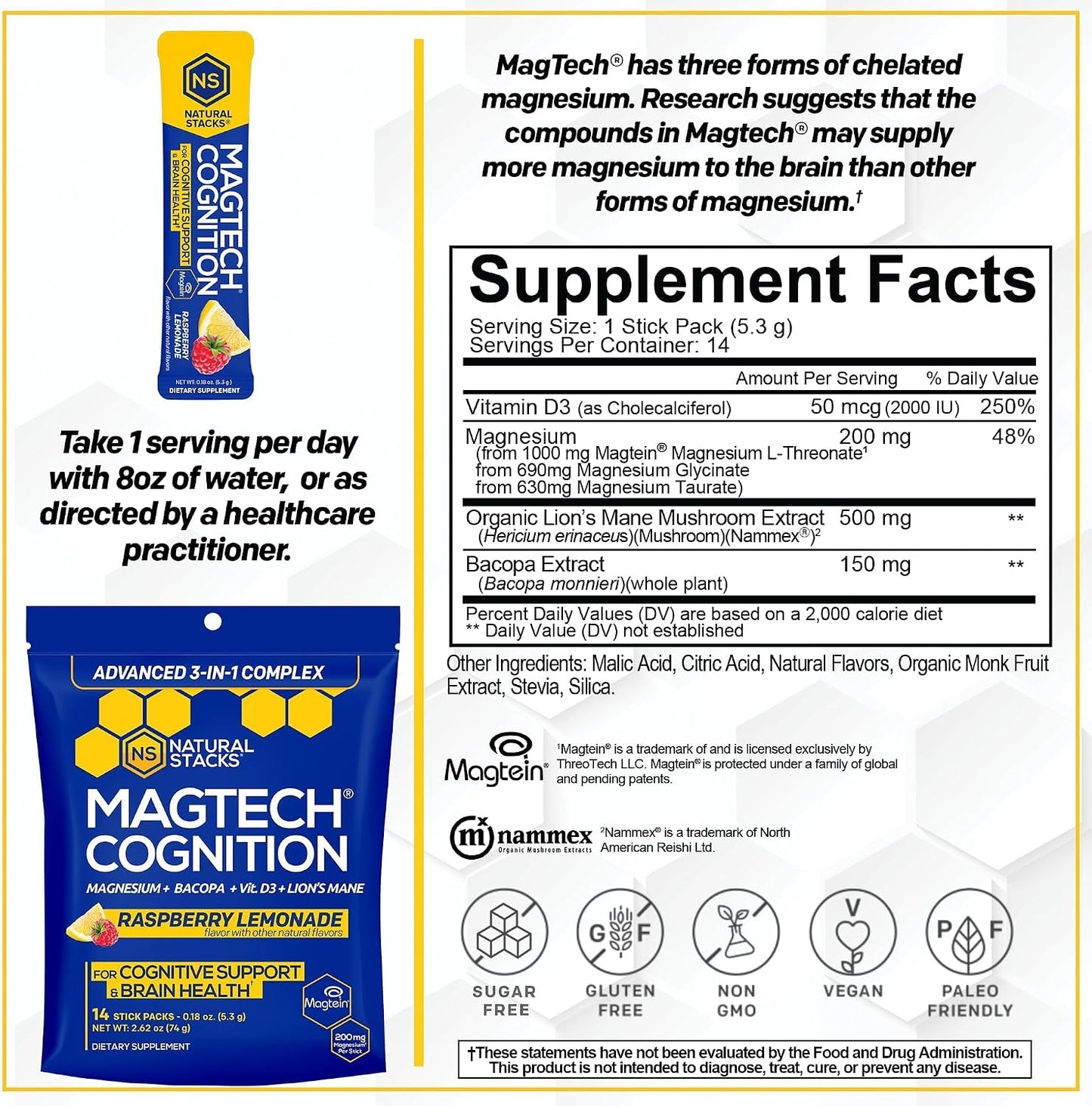 MagTech Magnesium Cognition Powder with Lions Mane and Bacopa, 14 Servings | Magtein L-Threonate, Glycinate and Taurate blend supports focus, mental clarity and brain health. Mix into water daily.
