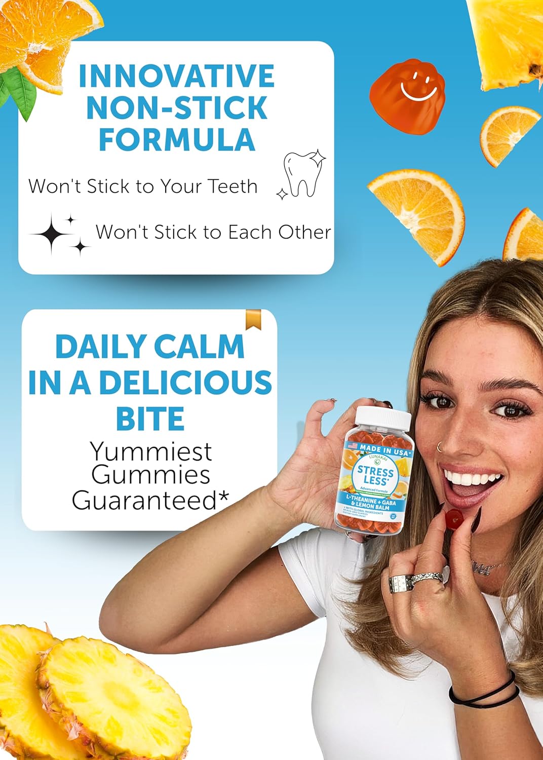 Lunakai USA Made Calm & Stress Relief Gummies – Delicious GABA + L-Theanine Calming Supplement for Adults & Kids – Natural Stress Support, 60ct