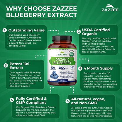 Zazzee USDA Organic Blueberry 10:1 Extract, 120 Vegan Capsules, 4 Month Supply, Whole Fruit, Vaccinium Angustifolium, Antioxidant & Cellular Health Support, Herbal Supplement, Non-GMO, Made in the USA