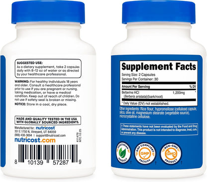 Nutricost Berberine HCl 1200mg , 60 Vegetarian Capsules - Gluten Free & Non-GMO | Gluten Free & GMO-Free