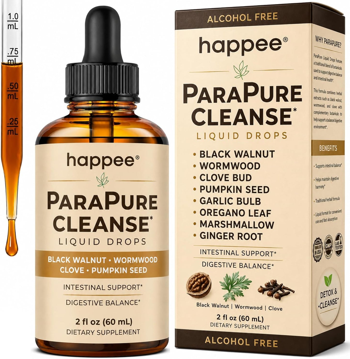 Happee ParaPure Cleanse for Humans Wormwood Black Walnut Clove 2 Fl. Oz | All-in-One Herbal Liquid Drops - Detox Support, Intestinal Guard, Gut Health & Microbiome Support, 60 Day Supply