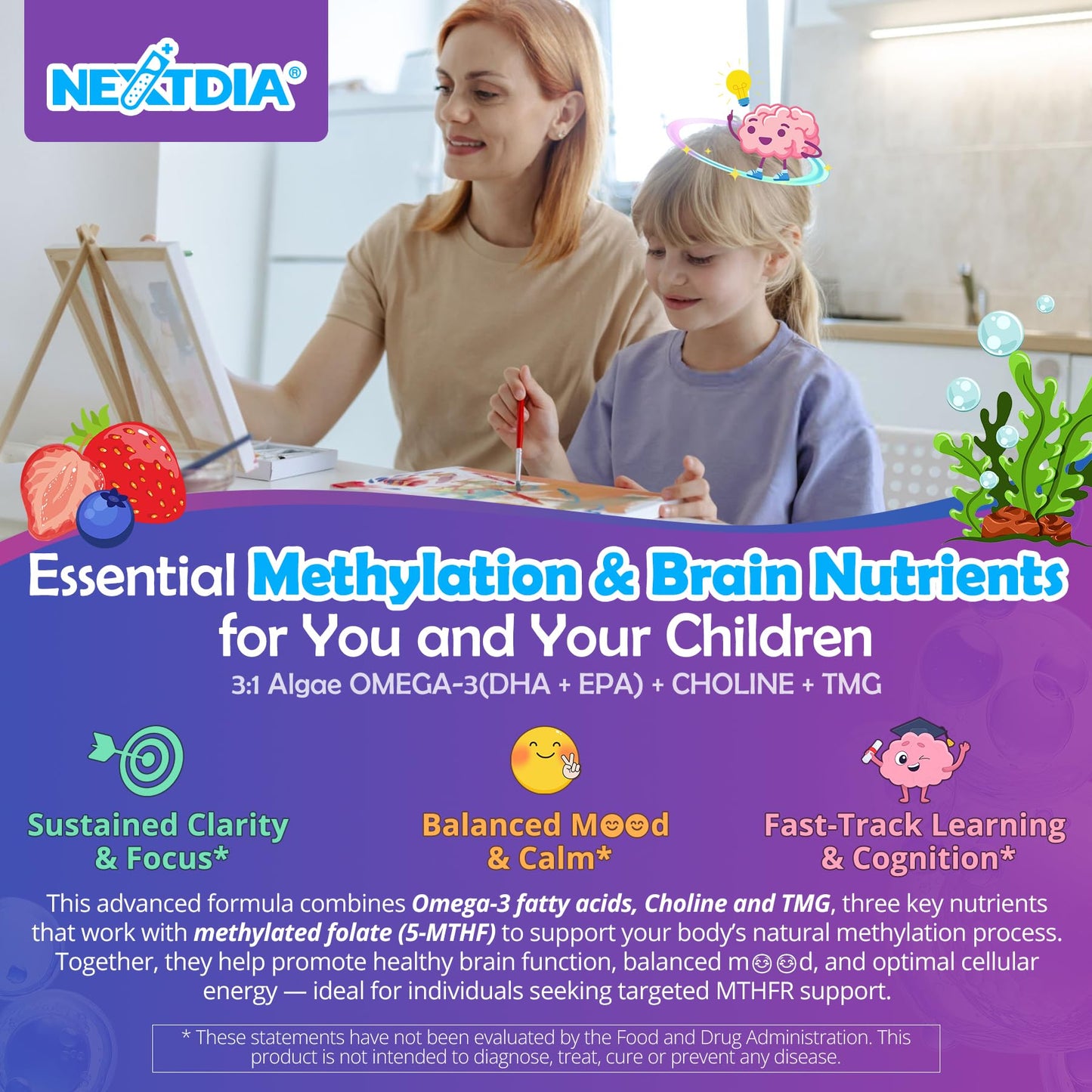 L-Methylfolate 1000 mcg + Methyl B12 Gummies for Kids & Adults - Active 5-MTHF, w/Omega-3 DHA & EPA(3:1), Choline & TMG, B6, Supports MTHFR Gene, Brain, Energy & Methylation, Sugar free, 60 Cts