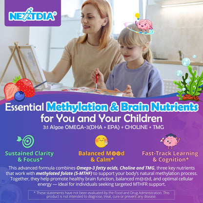 L-Methylfolate 1000 mcg + Methyl B12 Gummies for Kids & Adults - Active 5-MTHF, w/Omega-3 DHA & EPA(3:1), Choline & TMG, B6, Supports MTHFR Gene, Brain, Energy & Methylation, Sugar free, 60 Cts