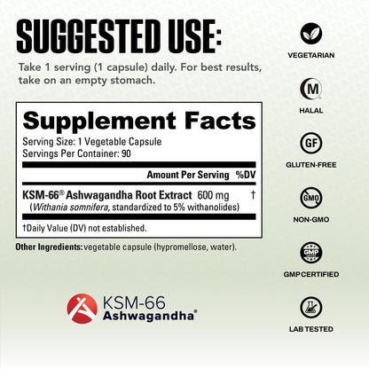 NutraBio Ashwagandha KSM-66 | Ashwagandha Herbal Supplement for Stress, Mood, & Performance | 600 MG of Clinically Studied KSM66 60 Capsules