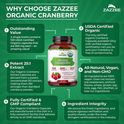Zazzee USDA Organic Cranberry 25:1 Extract, 500 mg per Capsule, 100 Vegan Capsules, 3+ Month Supply, Certified Kosher, Vaccinium Macrocarpon, Non-GMO, Made in the USA