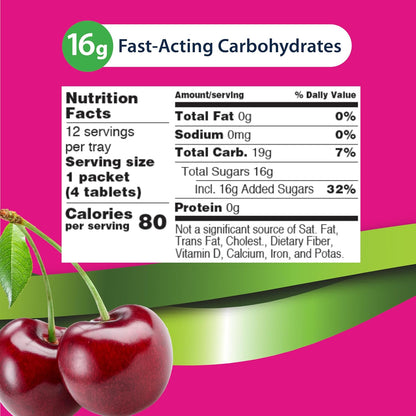 TRUEplus Soft Tabs Glucose Tablets, Cherry Pop Flavor, 4 Count, 12 Packs | Chewable Tablets, 16g Fast-Acting Carbohydrates, Fat Free, Gluten Free, Boosts Energy, Great Tasting and Easy to Use