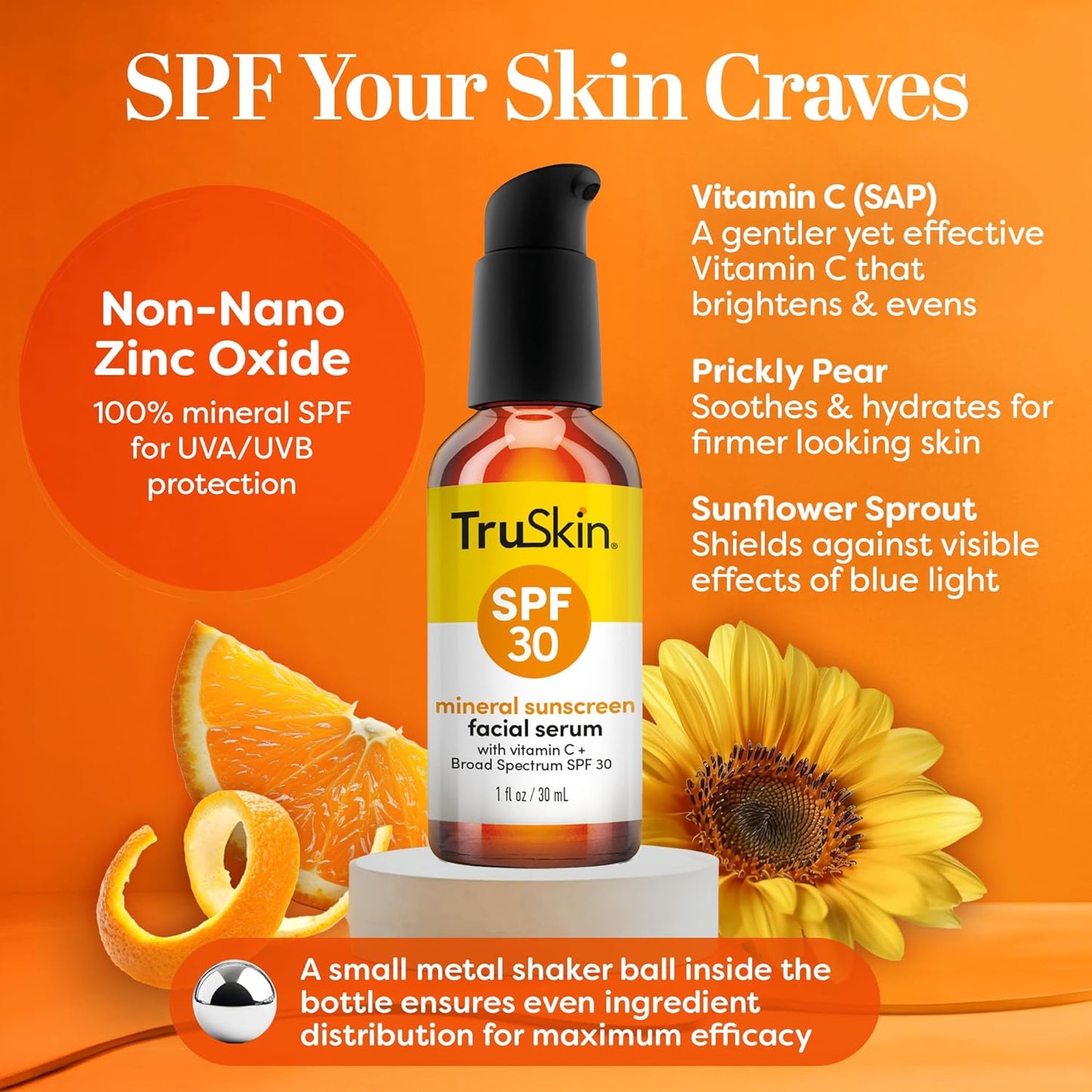 TruSkin SPF 30 Tinted Mineral Sunscreen Face Serum, Zinc Oxide, 1 fl oz | Universal skin tint with Vitamin C, Hyaluronic Acid, Ceramides and Niacinamide for lightweight daily mineral UV protection
