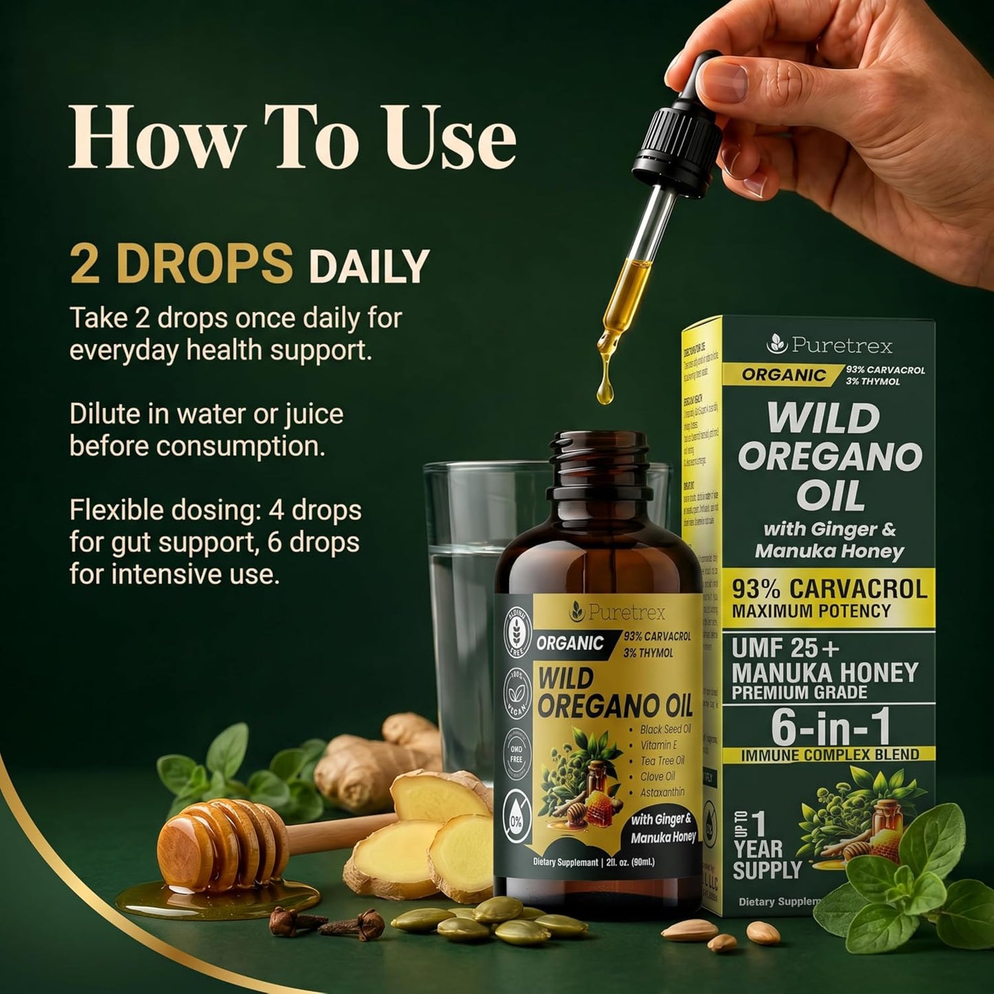 Organic Oil of Oregano Drops with Black Seed Oil, Wild Herbal Extract 93% Carvacrol, Liquid Tincture with Ginger & Manuka Honey UMF 25+, High Potency Botanical Blend, 60ml