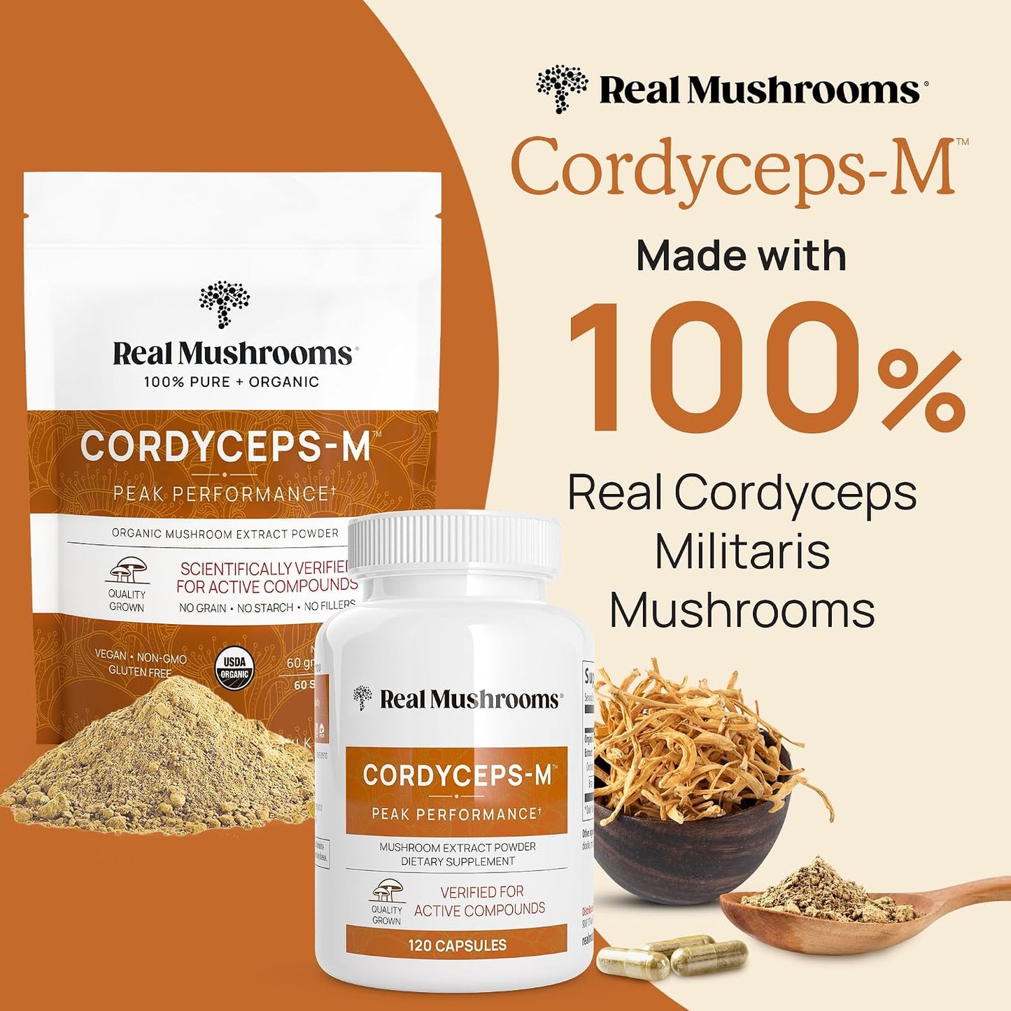 Real Mushrooms Brain, Vitality & Immune Support Bundle - Lion’s Mane Cognition Capsules (120 Capsules) + Reishi 415 Longevity Capsules (90 Capsules) & Cordyceps-M Peak Performance (120 Capsules)