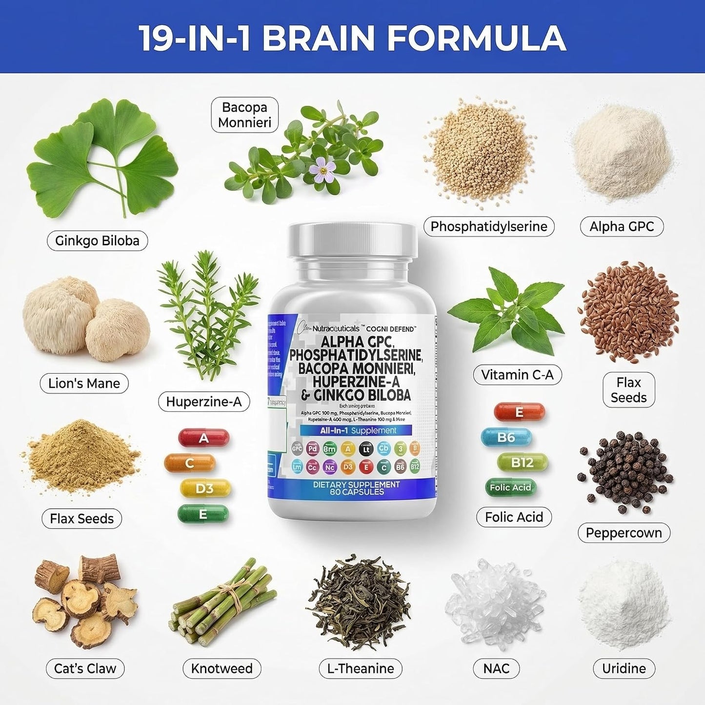 Brain Supplement Alpha GPC 300mg Phosphatidylserine Bacopa Monnieri Ginkgo Biloba Lions Mane Huperzine A L-Theanine NAC Nootropic Memory Focus Cognitive Support Vitamins B C D E 60 Capsules USA