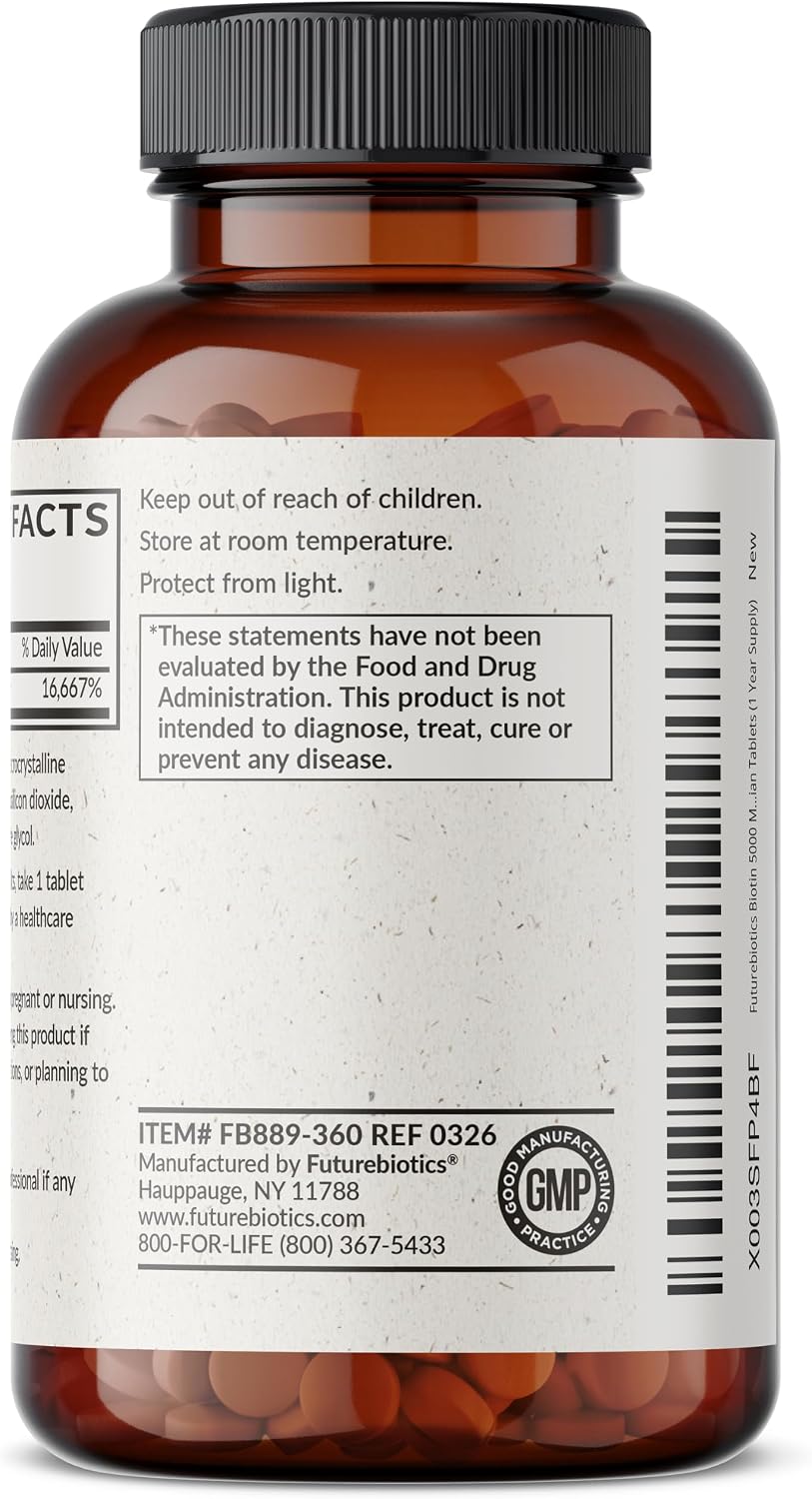 Futurebiotics Biotin 5000 MCG Supports Healthy Hair, Skin, Nails & Energy Production Non-GMO, 360 Vegetarian Tablets