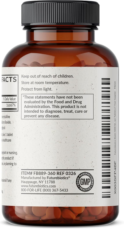 Futurebiotics Biotin 5000 MCG Supports Healthy Hair, Skin, Nails & Energy Production Non-GMO, 360 Vegetarian Tablets