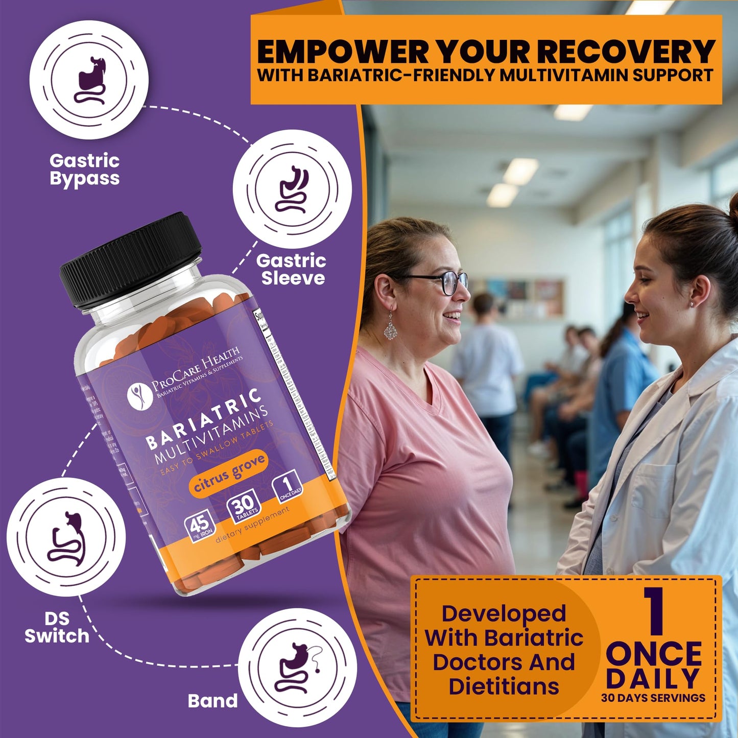ProCare Health Easy-45 Bariatric Multivitamin | Citrus Grove Tablets | 90ct | Once Daily Tablets for Gastric Bypass Sleeve & Post-Op Support Pills for Sleeve Patients & Sustains Recovery, Easy to Swallow