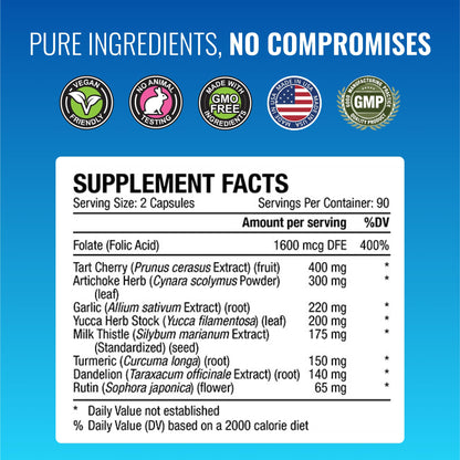 Approved Science Uric Acid Flush Supplement - Tart Cherry, Turmeric, Milk Thistle - Joint Support & Active Mobility - Made in USA - Vegan - 180 Capsules - 3 Month Supply