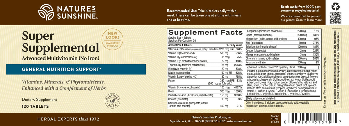 Nature's Sunshine Super Supplemental: Complete Multivitamin with Minerals, Antioxidants & More for Nutritional Gaps, Overall Health, Immune & Energy Support. 120 Tabs