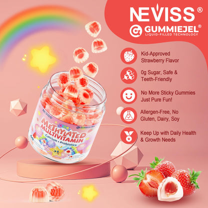 Kids Multivitamin Gummies + Calcium, Probiotics, Vitamin D3, C, Methylated B12 & Methylfolate, B6, A, K2, E, Zinc, Prebiotics for Children Ages 4+, Clean & Sugar Free, for Nutritional Support, 60 Cts